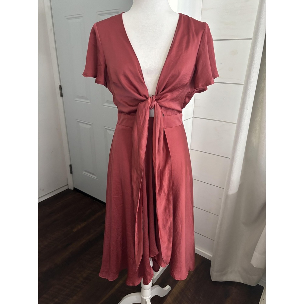 Billy J Dress Womens 8 Pink Tie Front Midi Flutter Sleeve V Neck‎ A Line Lined